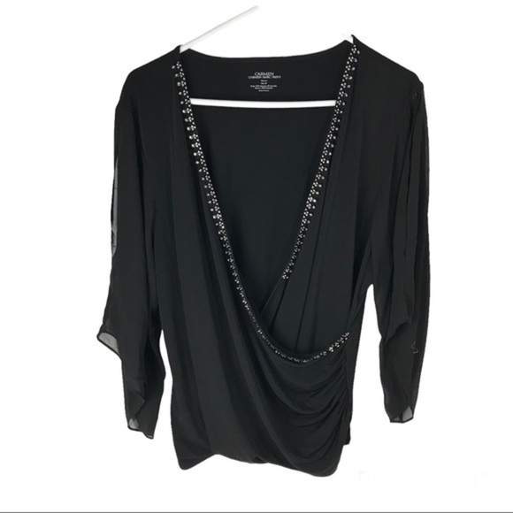 Women’s plus 2X carmen V neck wrap top black rhinestone , butterfly sleeves - Picture 7 of 7